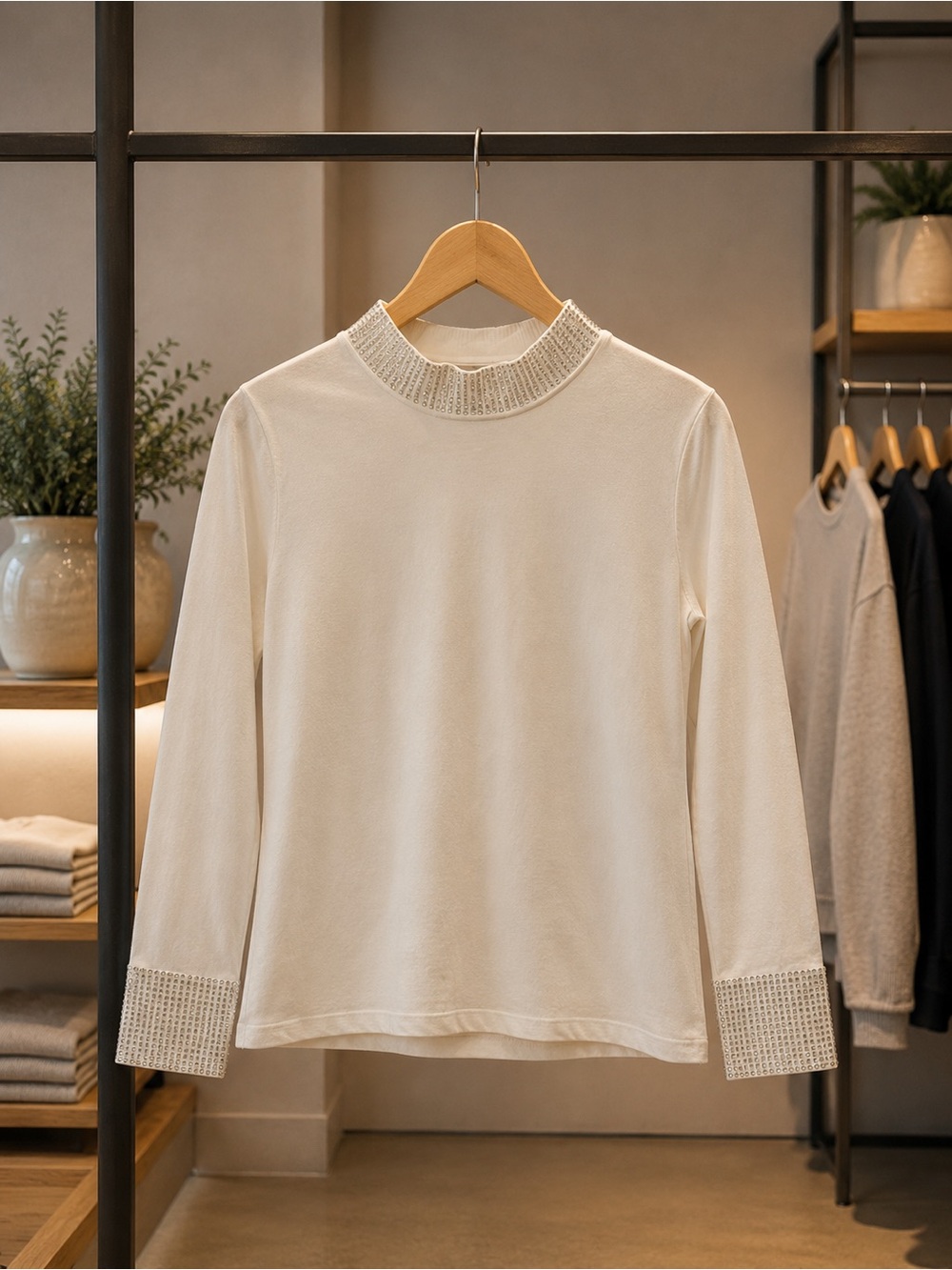 Womens Cream Ribbed Mock Neck Sweater with Embellished Cuffs